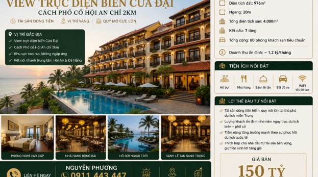 Bán khách sạn biển Cửa Đại, Hội An quy mô 80 phòng | Doanh thu ổn định | View trực diện biển