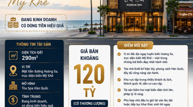 Bán Tòa Spa Hàn Quốc Mặt Biển – 290m² | View Trực Diện Mỹ Khê | Đang Có Dòng Tiền | ~120 Tỷ