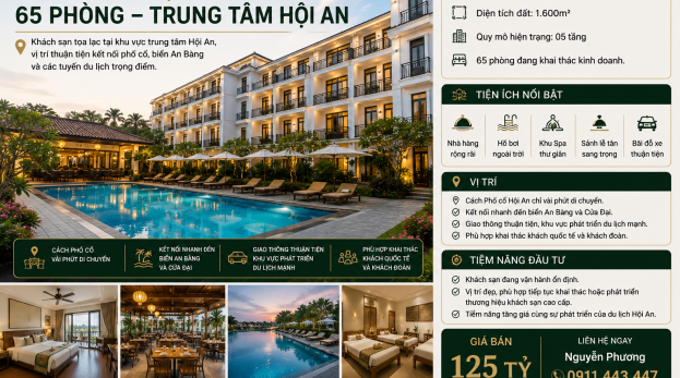 Cơ hội sở hữu khách sạn 65 phòng phố cổ Hội An vị trí không ngập úng, kinh doanh tốt